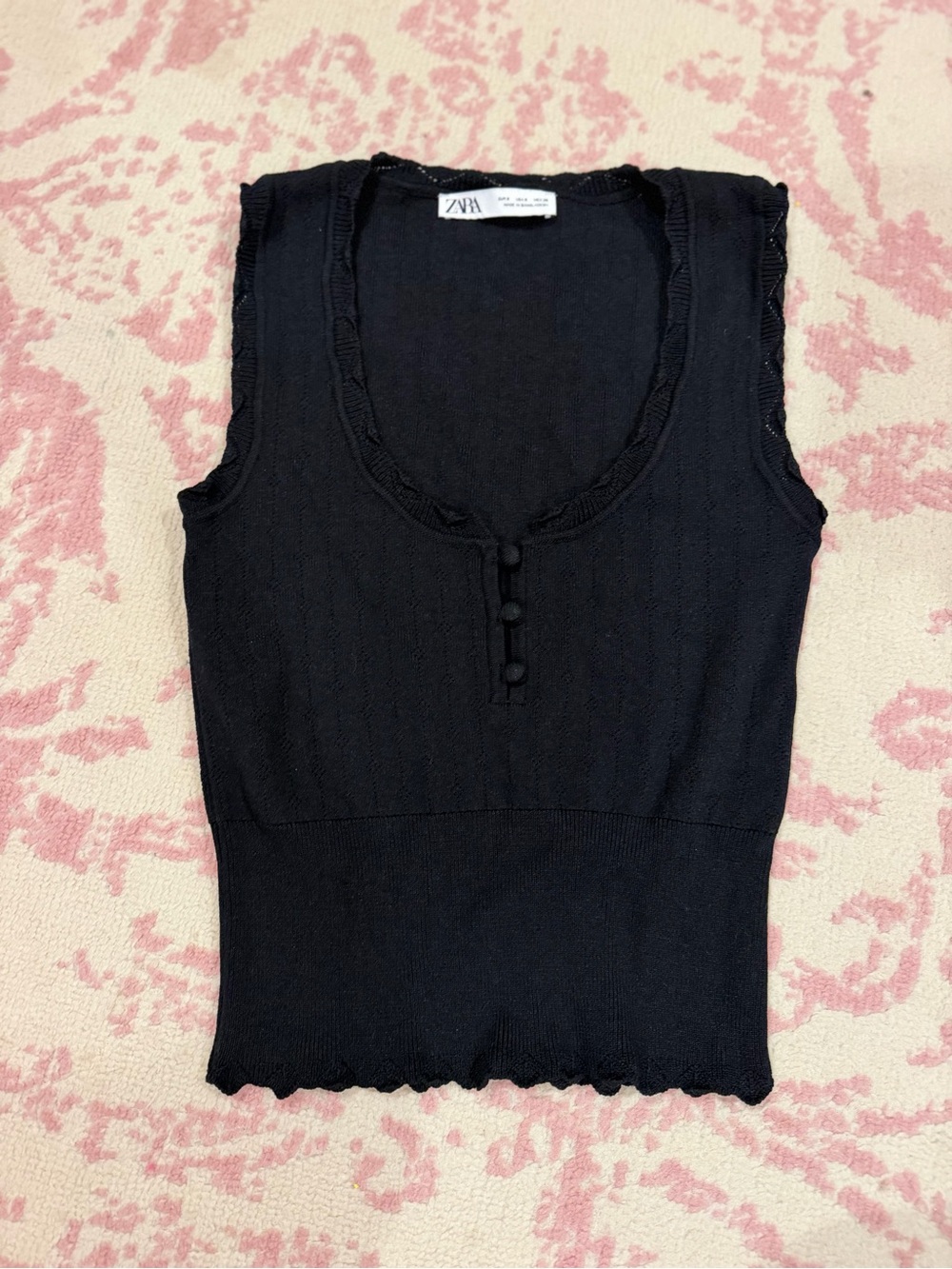 Zara Black Sleeveless Knit Tank with Scoop Neck and Button Detail